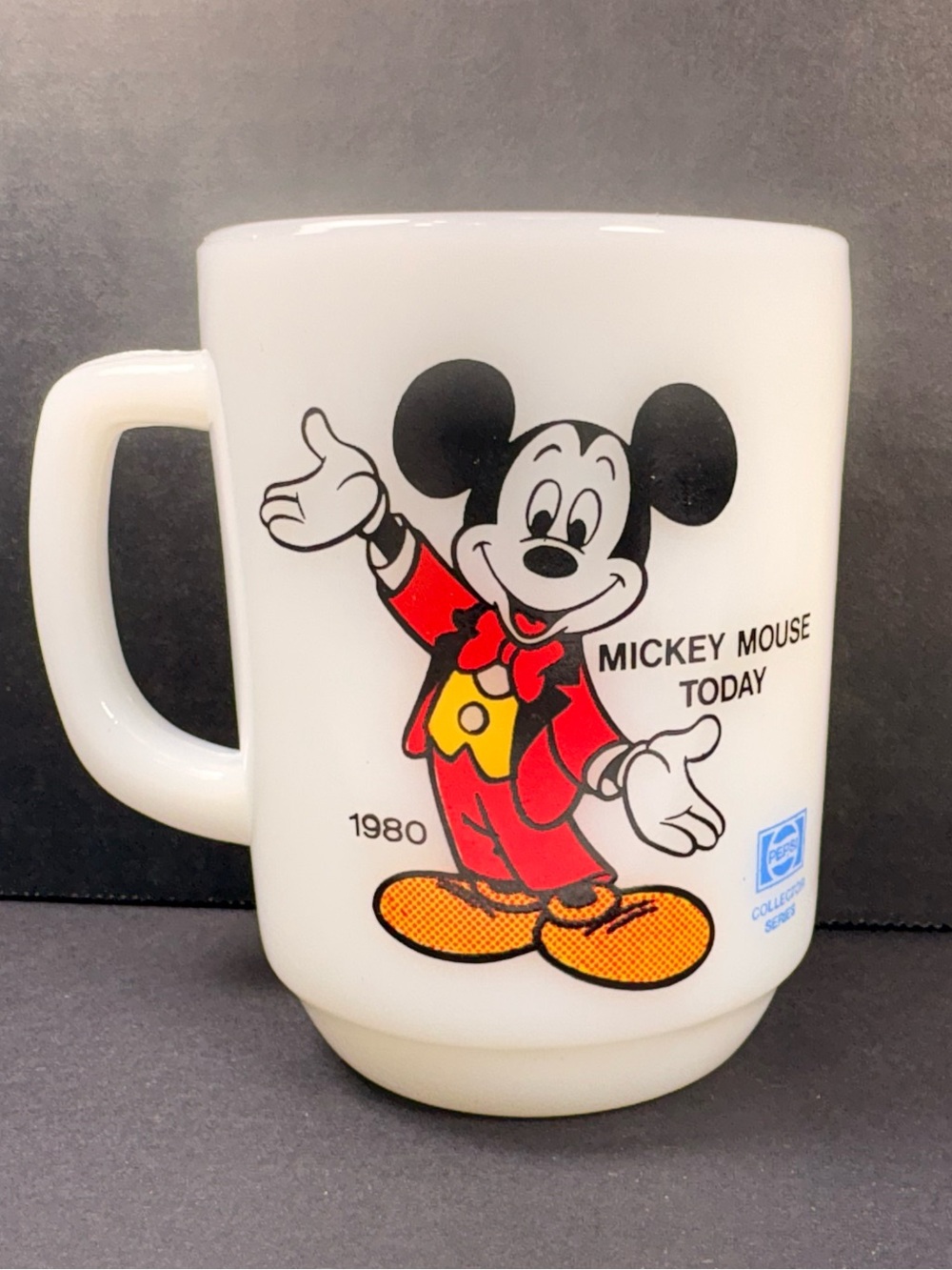 Vintage 1980 Mickey Mouse Pepsi Milk Glass Mug Anchor Hocking USA